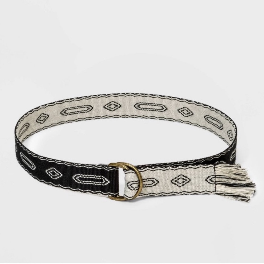 Universal Thread D Ring Fabric Belt with Geometric Pattern with Fringe E…